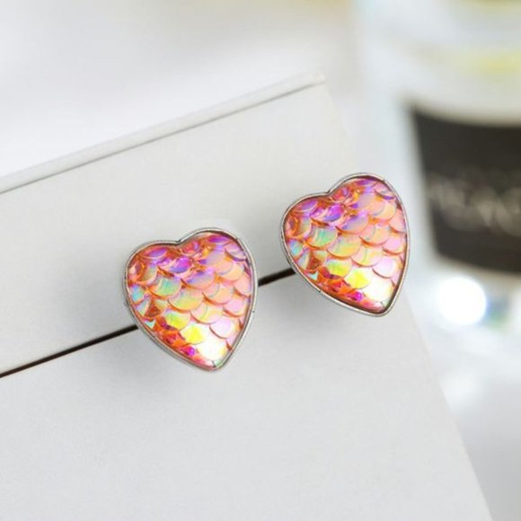 Jewelry - 3/$20 Orange/Pink Mermaid Scale Heart Stud Earring